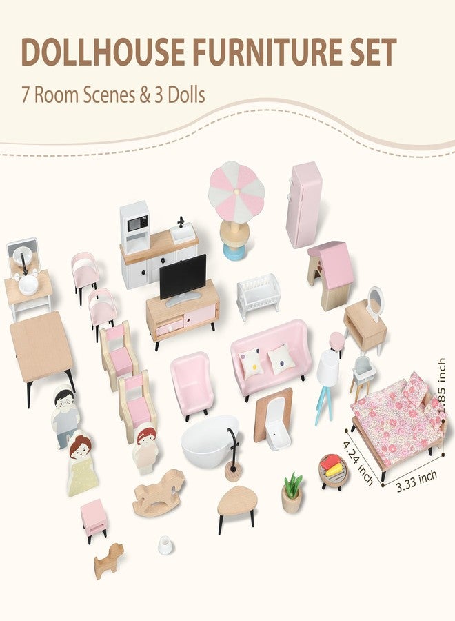 Pithfor Wooden Dollhouse Furniture Set, Dollhouse Accessories and Furniture, with 7 Rooms 3 Dolls, Includes Patio Set & Dog Set, Doll House Furniture Toys Gift for Kids Boys Girls - Image 2